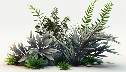 a bunch of plants that are on a white surface with rocks and grass in the foreground and a white background with a white backdrop.  generative ai