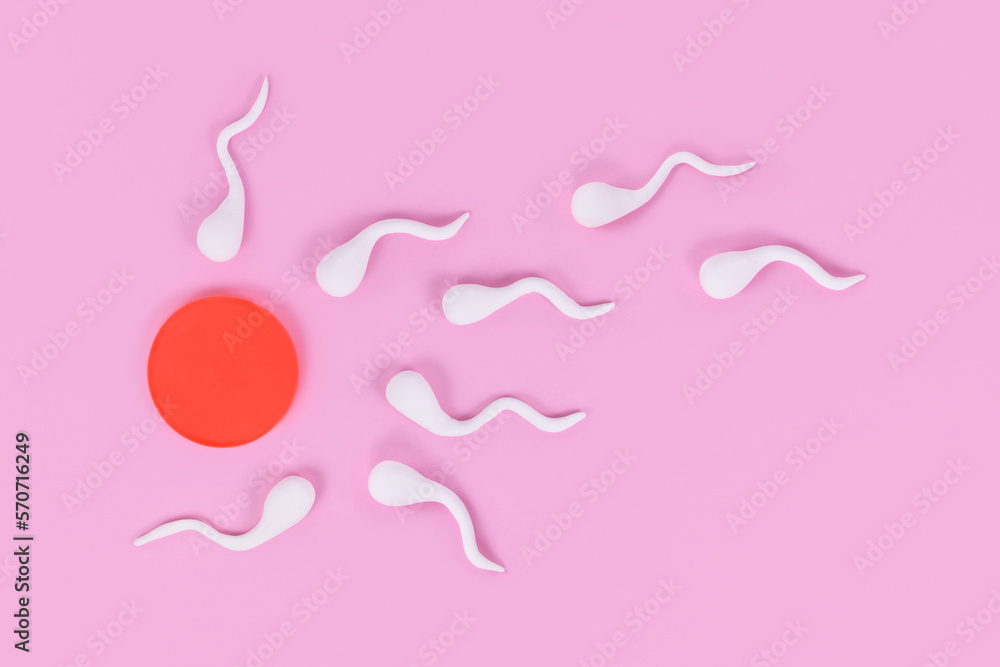 Wall mural abstract sperm cells swimming towards egg cell on pink background