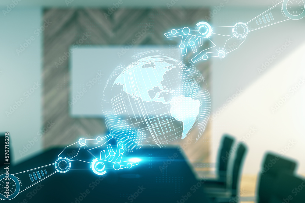 Poster abstract virtual robotics technology hologram with globe on a modern coworking room background, arti