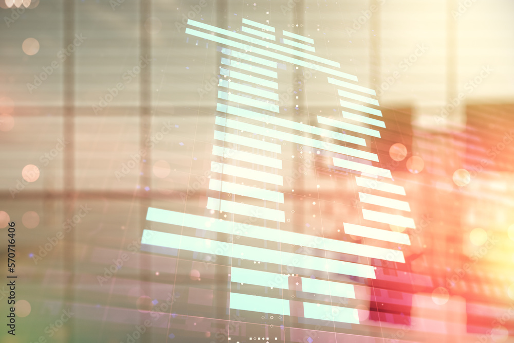 Poster double exposure of creative bitcoin symbol hologram on a modern boardroom background. mining and blo