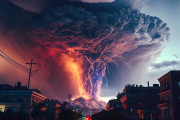 Powerful volcanic eruption with pyroclastic ash column clouds, lightning, rain. City at the foot of the mountain, a threat to the population. Generative AI