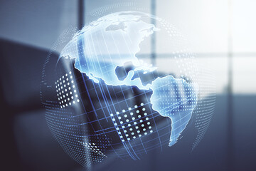Double exposure of graphic America map hologram on a modern boardroom background, big data and digital technology concept