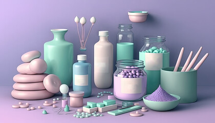 Obraz na płótnie Canvas a variety of items are arranged on a purple background, including jars and spoons, a bowl, a bowl, and a cup. generative ai