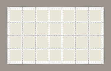 Post stamps. Postage frames. 28 empty postal stamps set. Triangular perforated labels collection. Blank borders for mail letter. Paper postmarks isolated on gray background. Vector illustration.