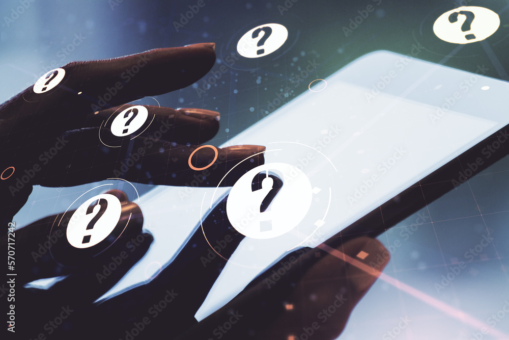 Aufkleber creative abstract question mark hologram and finger presses on a digital tablet on background, futur