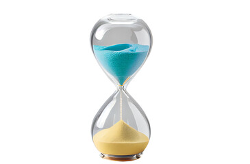an hourglass with yellow blue sand isolated on transparent background Close up - obrazy, fototapety, plakaty