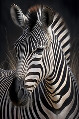 Zebra close up portrait, black and white striped horse made with Generative AI