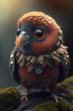 Tilt-shift portrait, of a tiny kakariki parot with huge eyes dystopian - Wallpaper phone. Generative Ai