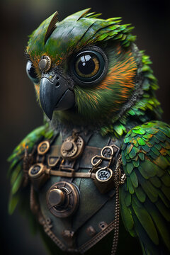 Tilt-shift portrait, of a tiny kakariki parot with huge eyes dystopian - Wallpaper phone. Generative Ai