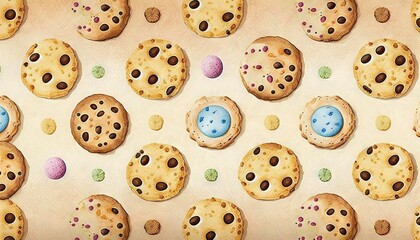  a painting of cookies and eggs on a tablecloth with polka dots and dots on the tablecloth, with a blue egg in the middle of the cookies.  generative ai