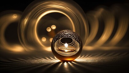  a candle is lit up in the middle of a dark room with a spiral design on it's wall and a light shining on the floor.  generative ai