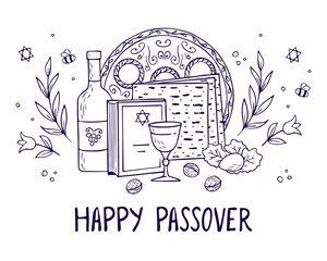 Passover greeting card, poster, invitation. Jewish holiday. Passover template for your design with matzah, wine bottle, glass, torah and spring flowers. Happy Passover inscription. Vector