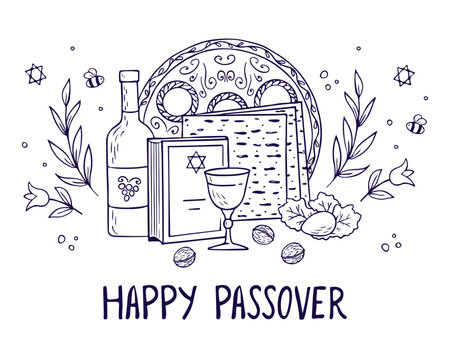 Passover greeting card, poster, invitation. Jewish holiday. Passover template for your design with matzah, wine bottle, glass, torah and spring flowers. Happy Passover inscription. Vector