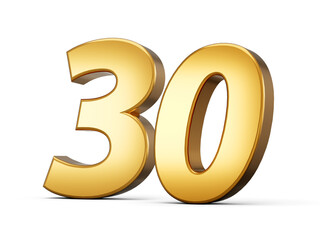 Golden metallic Number 30 thirty, White background 3d illustration