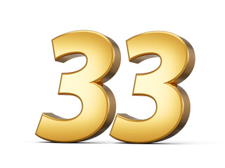 Golden metallic Number 33 thirty three, White background 3d illustration