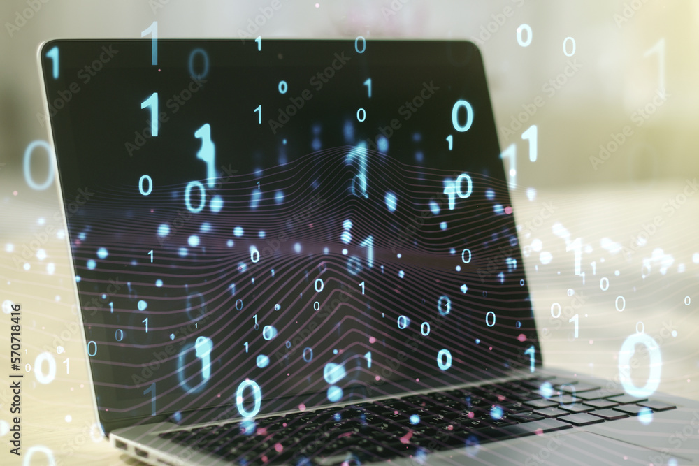 Aufkleber Creative abstract binary code hologram on modern computer background, AI and machine learning concept. Multiexposure