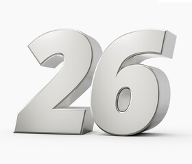 Silver 3d numbers 26 twenty six. Isolated white background 3d illustration