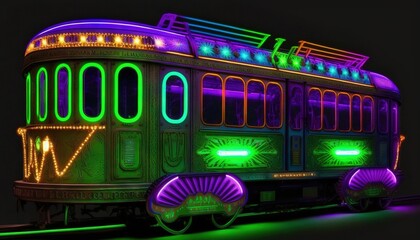  a trolley with neon lights on the side of it's car is lit up in the night sky and has a green and purple roof.  generative ai