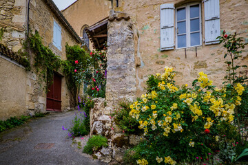 Flowery street of the small village of Lavardens in the south of France (Gers)