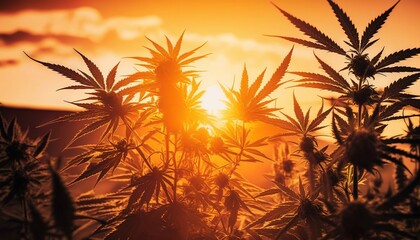  the sun is setting over a field of cannabis plants in the foreground, with a silhouette of a building in the background, and a few clouds in the distance.  generative ai