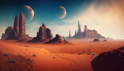  a desert landscape with rocks and planets in the sky and a distant star in the distance with a distant moon in the sky and a distant star in the distance.  generative ai