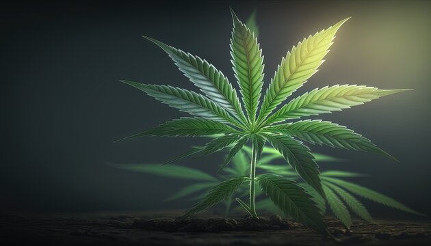  a marijuana plant with green leaves on a dark background with a spot light in the middle of the image and a dark background with a spot light in the middle.  generative ai