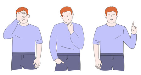 A man solves a problem, thinks, comes up with an idea. The thought process of a person at work, at school. Vector is a linear style of graphics.