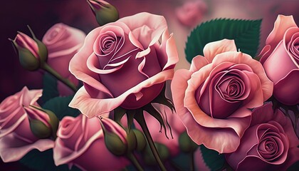  a painting of pink roses with green leaves on a purple background with a black border around the edges of the image and the bottom half of the image of the flowers.  generative ai