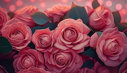  a bouquet of pink roses with green leaves on a pink background with polka dotes and a pink background with a pink polka dot pattern.  generative ai