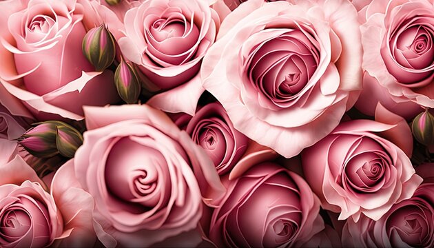  a large group of pink roses with green leaves and stems on a black background with a white border around the edges of the image and bottom half of the image.  generative ai