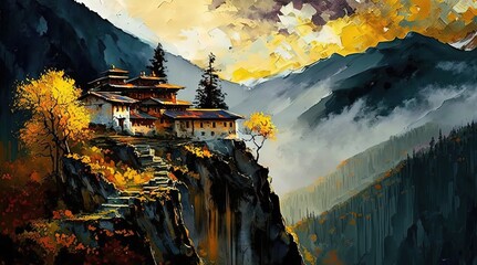 paint like illustration of beautiful village on mountain, inspired from Bhutan or Nepal theme,  Generative Ai
