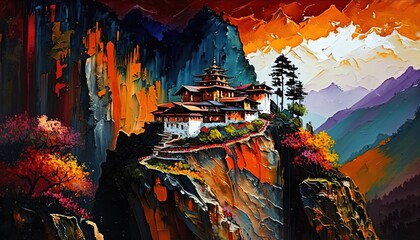 Obraz premium paint like illustration of beautiful village on mountain, inspired from Bhutan or Nepal theme, Generative Ai