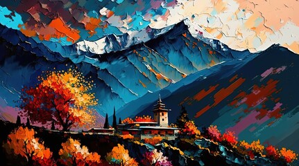 Obraz premium paint like illustration of beautiful village on mountain, inspired from Bhutan or Nepal theme, Generative Ai