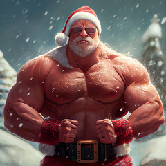 Bodybuilding Santa Claus. Generative AI.