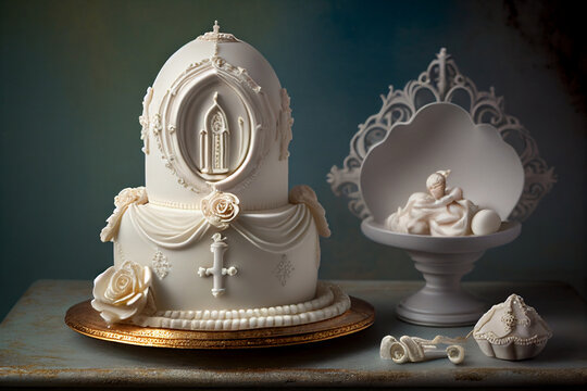 A picture displays a beautifully crafted cake created for a special occasion, such as a christening or baptism, surrounded by religious artifacts and a baptismal font in the background.

