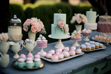 photo of A dessert table spread with various mini cakes for a birthday or bridal shower, against a background of tea cups, flowers