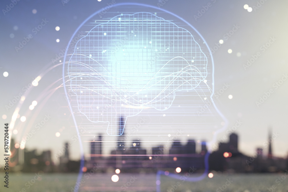 Poster double exposure of creative artificial intelligence hologram on blurry cityscape background. neural 