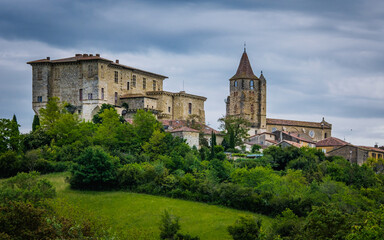 Fototapeta na wymiar View on Lavardens medieval castle and church from afar, a small village in the south of France (Gers)