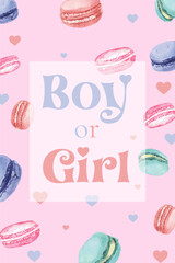 Invitation for gender reveal party with watercolor macarons and hearts blue and pink. Vector watercolor illustration for card, design, flyer, poster, decor, banner, web, advertising.