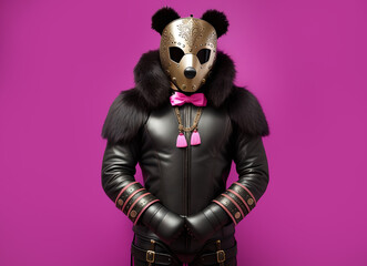 A man wearing a bear mask and leather fur clothing at a bdsm party on a blank pink background copy paste illustration created by Generative AI - obrazy, fototapety, plakaty