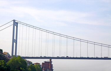 Fatih Sultan Mehmet Bridge (also called the Second Bosphorus Bridge) over the Bosphorus strait in Istanbul, Turkey. Built in 1988 and connecting Europe and Asia
