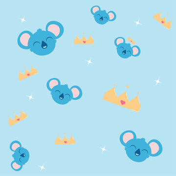 Beautiful pattern with a cute koala, a crown with a heart and a blue background