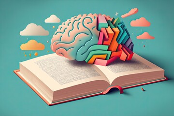 Human brain on a book and color background. Minimal abstract concept of school, culture, intelligence, reading or education. Charger for brain idea. Generative AI - obrazy, fototapety, plakaty