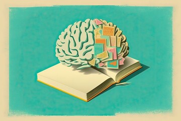 Human brain on a book and color background. Minimal abstract concept of school, culture, intelligence, reading or education. Charger for brain idea. Generative AI - obrazy, fototapety, plakaty