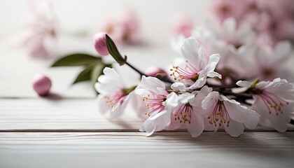  a close up of a bunch of flowers on a wooden table with white and pink flowers in the middle of the frame and a blurry background.  generative ai