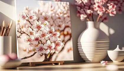  a picture of a white vase with pink flowers in it on a table next to a white vase with pink flowers in it and a white vase with pink flowers in it.  generative ai