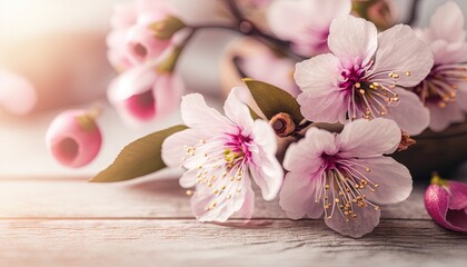  a close up of a bunch of flowers on a wooden table with a blurry background of pink flowers on the branches of a tree.  generative ai