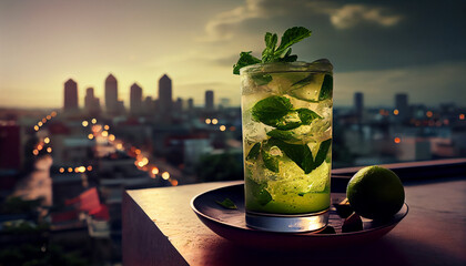 A mojito on a terrace overlooking the city generative AI