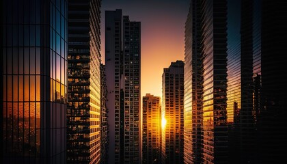  the sun is setting in a city with tall buildings in the foreground and skyscrapers in the background, with a reflection of the sun in the windows.  generative ai