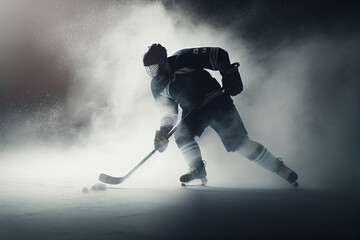 Ice hockey player ready for match in stadium with smoke and spotlights around.